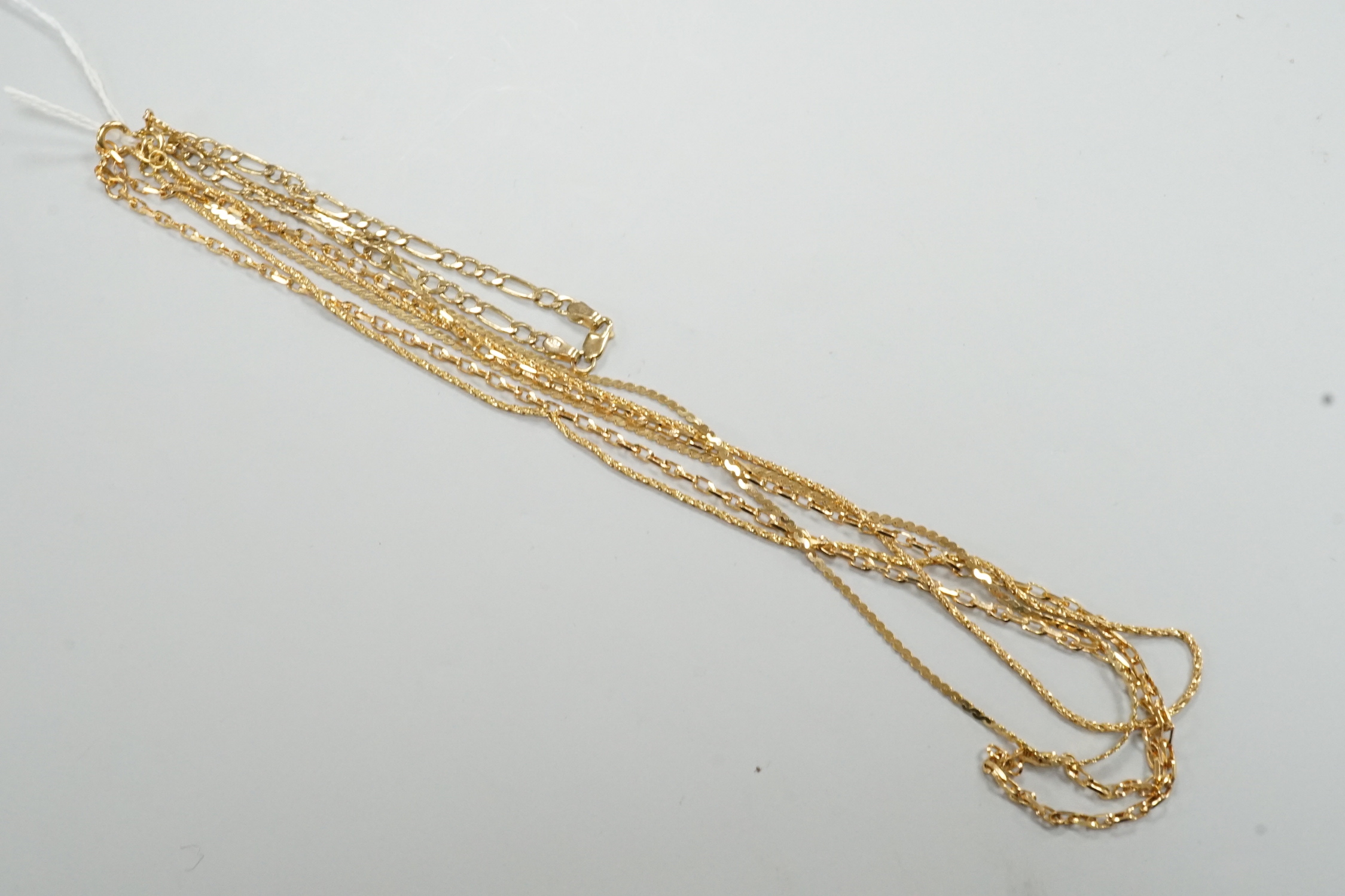 Two modern 9ct gold chains, longest 47cm, a 9ct gold bracelet and an Italian 9k chain, 11.8 grams.